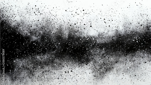 Bilde på lerret Abstract explosion of black dust particles and smoke against a stark white backg