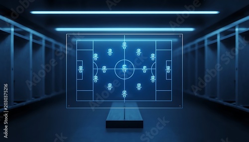 Glass tactical board mounted in modern athlete locker room with minimalist 3d rendering for professional sports strategy