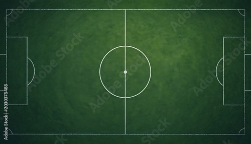Soccer pitch aerial view of minimalist green turf with white markings in moody lighting for professional sports branding
