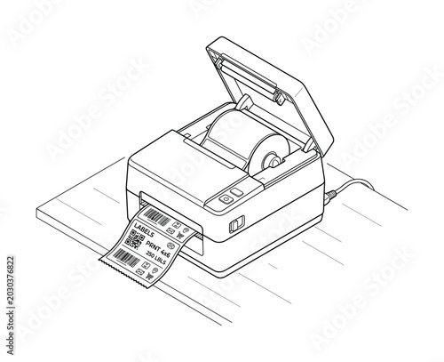 Isometric vector illustration of a thermal label printer creating shipping labels.