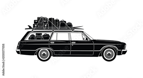 Foto Station wagon car with luggage on roof side view black and white silhouette