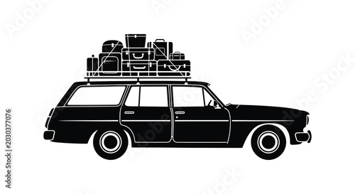 Konstfotografi Station wagon car with luggage on roof rack side view black silhouette