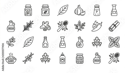 фотографія Minimal Herbs and Spices Outline Icons Collection with Cooking Condiment Vector