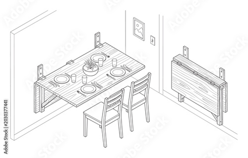 Isometric drawing of wall-mounted folding dining table for compact spaces.