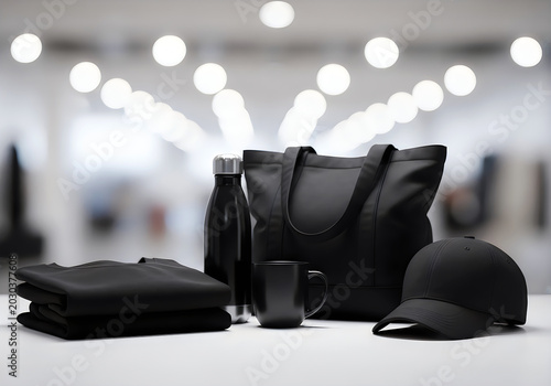 Set of black promotional merchandise including tote bag, bottle, and cap