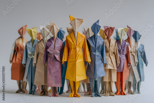 Large group of diverse origami people standing together around a leader, inclusivity theme, modern professional