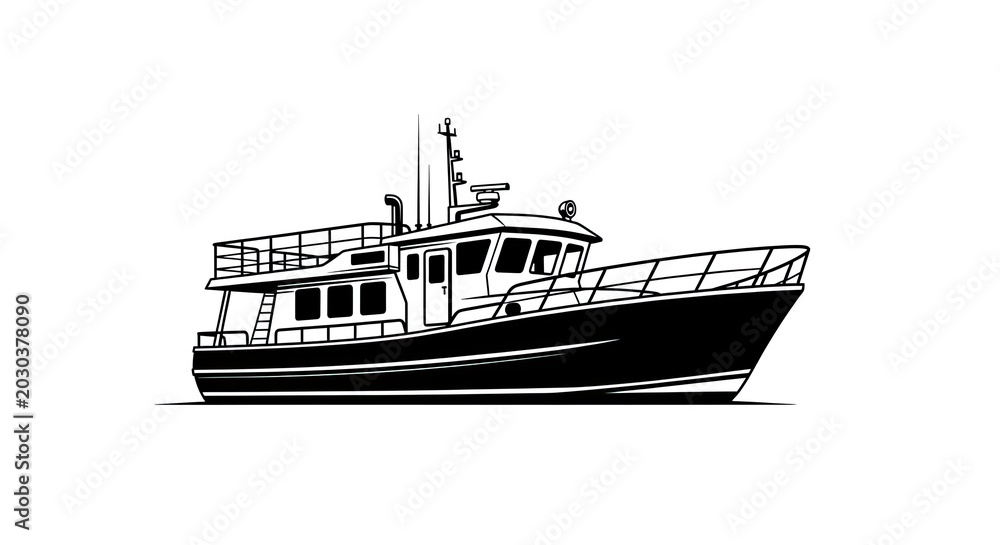 Fototapeta premium Motor yacht boat illustration in black and white