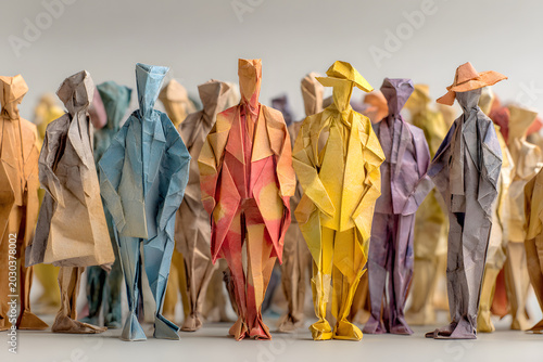 Large group of diverse origami people standing together around a leader, inclusivity theme, modern professional