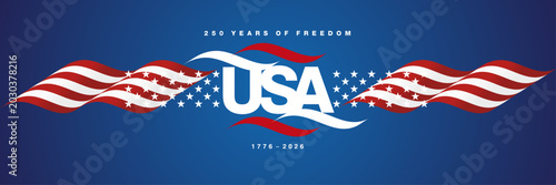 250 years of freedom USA anniversary banner. USA logo label lettering with red white ribbons with stars on blue background
