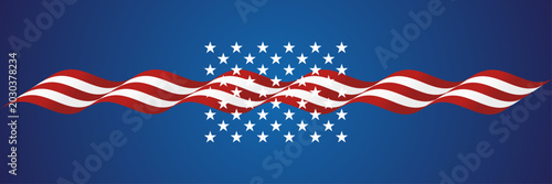 USA anniversary banner with stars and abstract red white ribbon on blue background