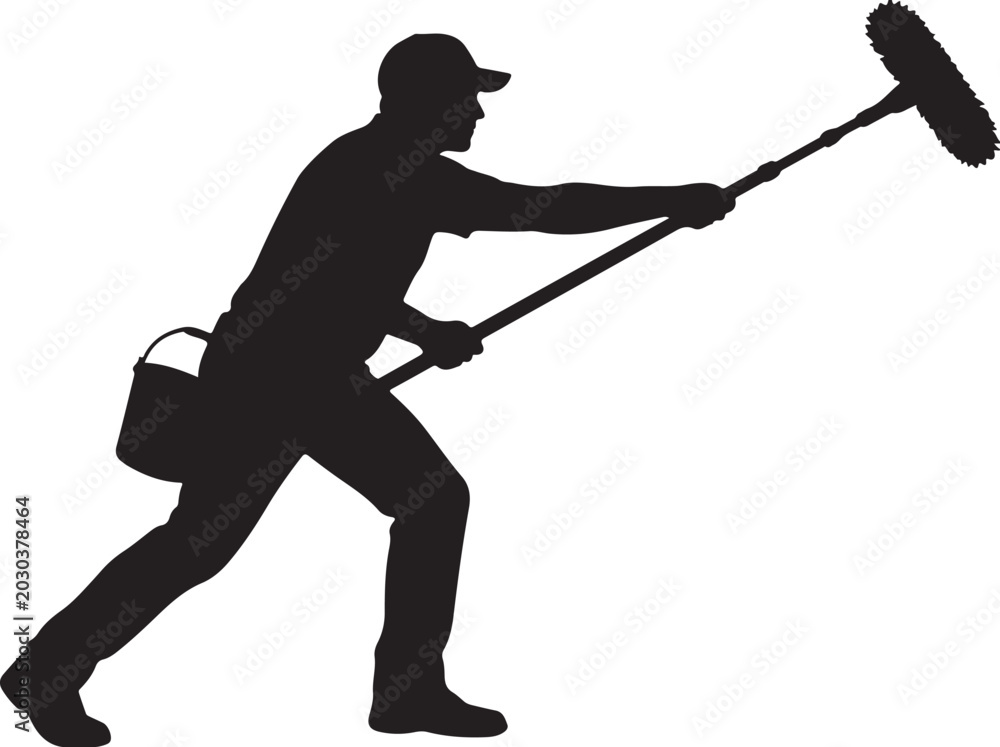 Obraz premium Silhouette of a Professional Window Cleaner with Pole and Bucket