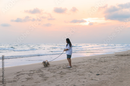 Young woman enjoying playtime with her Shih Tzu dog on the beach by the sea at sunset.