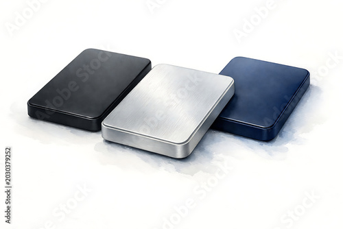 Three rectangular external hard drives in black silver and dark blue