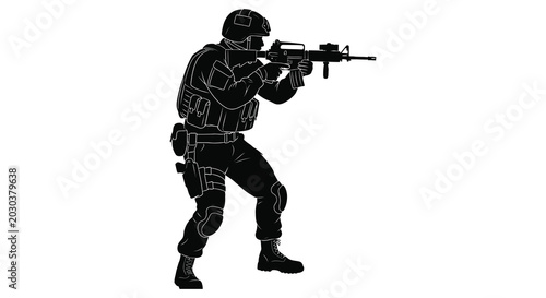 Tableau sur toile Soldier aiming rifle in combat position black silhouette