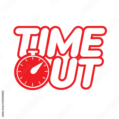 Red and white time out text with a stopwatch replacing the letter o in the word time