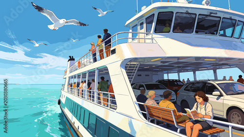Bild auf Leinwand A large white ferry boat with multiple decks transports passengers and cars across calm blue water under a bright sky with seagulls flying overhead