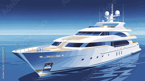 Fotografie A sleek white luxury yacht glides gracefully across calm blue waters under a bright sky, showcasing its elegant design