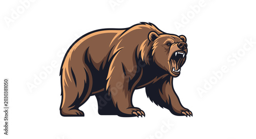 Angry Grizzly Bear Roaring, Aggressive Wildlife Illustration on White Background