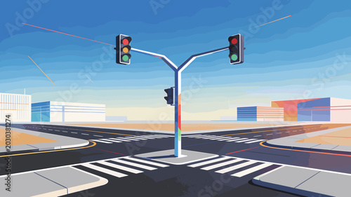 Fotografía An intersection with traffic lights and crosswalks under a clear blue sky, suggesting urban navigation and traffic control