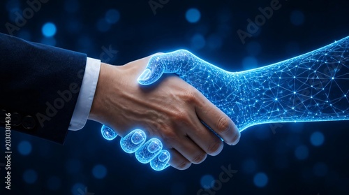 A handshake between a human hand and a glowing digital interface hand, symbolizing the connection between people and technology.