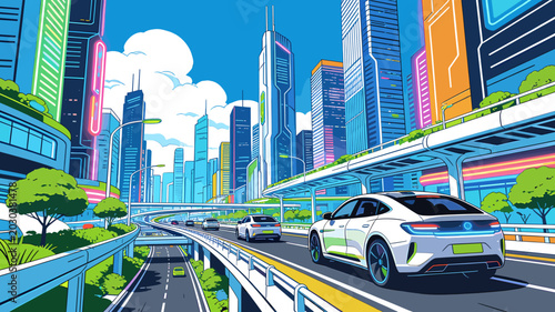 Foto Futuristic cityscape with sleek white autonomous vehicles driving on elevated highways amidst towering skyscrapers and lush greenery
