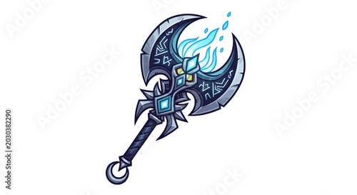 Tableau sur toile Fantasy Ice Axe with Magical Blue Flames and Runes