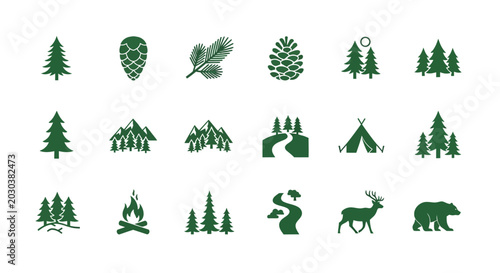 Quadro su tela Green silhouettes of forest nature icons.
