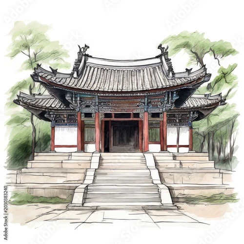 the AI Image Generator, Traditional Chinese Temple Ink Watercolor Illustration