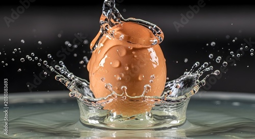 Fresh brown egg falling into clear water creating a big splash with droplets against a dark background