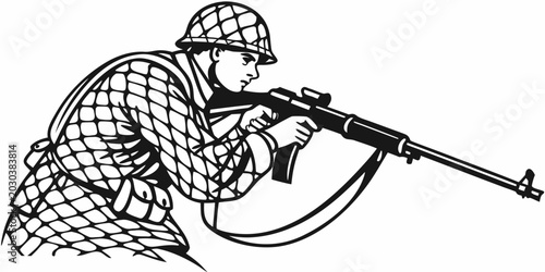 Foto Black and white vector illustration of a soldier aiming with a rifle military in