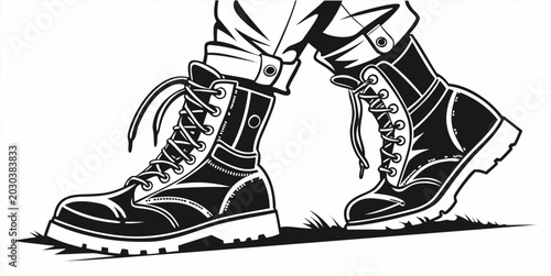 фотографія Black and white vector graphic of military style boots walking with military tac