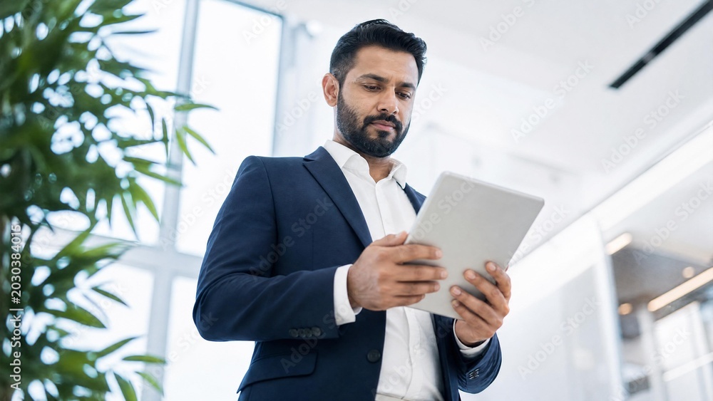 Fototapeta premium Confident Indian Businessman Using Digital Tablet in Modern Office