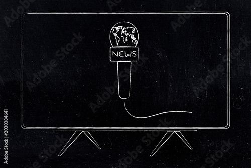 news and mass media, tv set with world news microphones on the screen