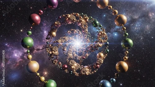 Abstract golden planet connected by electric cubes in deep space