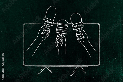 citizen journalism, tv set with news microphones popping out of screen towards user