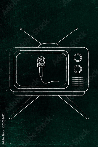 news and mass media, vintage tv set with world news microphones on the screen