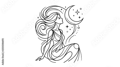 Foto Mystical Woman with Moon and Stars - Line Art Illustration