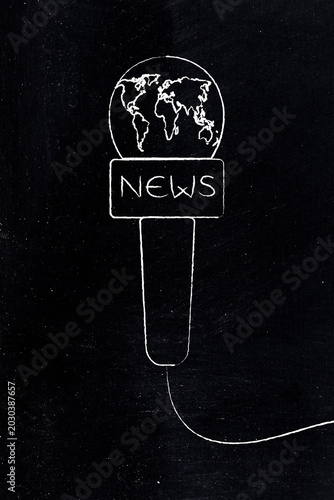 tv and mass media, microphone with world map and News text, chalk on blackboard minimalist illustration