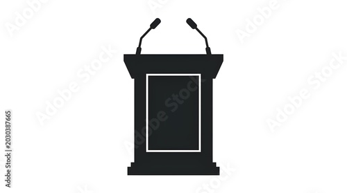 Empty black podium with microphone for public speaking on white background