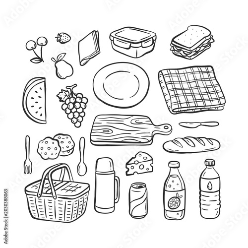 Picnic food and tableware doodle set in hand drawn outline style. Collection includes fruits, sandwich, cheese, baguette, cookies, plate, fork, spoon, cutting board and napkin. Minimal clean line art 