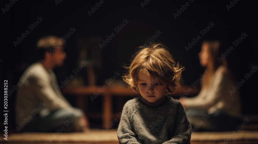 Obraz premium Sad child sitting alone between arguing parents