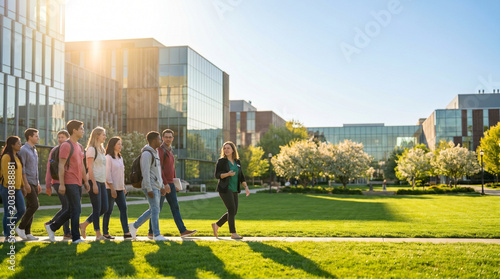 Open university campus tour with students walking on a sunny lawn, modern buildings in background, vibrant greenery, and bright atmosphere