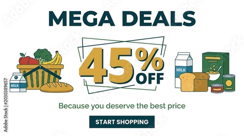 Colorful mega deals sale advertisement with groceries.