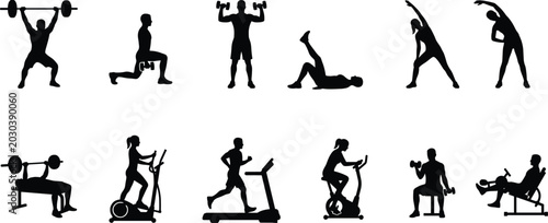 Bild auf Leinwand Fitness and Gym Exercise Silhouette Collection Featuring Weightlifting, Cardio T