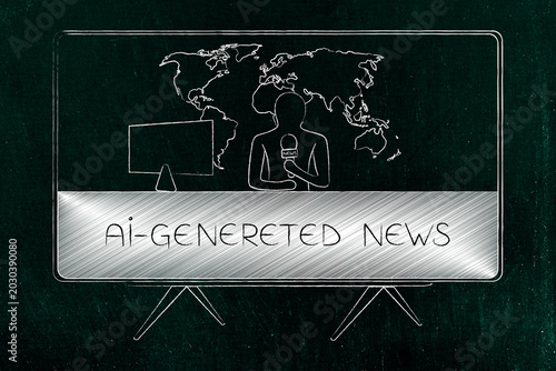 artificial intelligence in news media, anchorman with generative AI news text