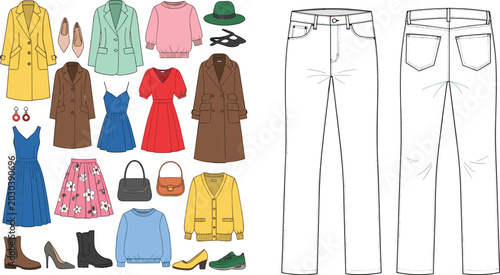 Φωτογραφία Fashion apparel collection flat vectors and technical sketches of denim jeans pa