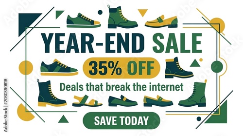 Colorful year end sale advertisement for shoes and boots.