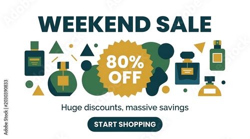 Colorful Weekend Sale Banner with Perfume Bottles and Discounts.