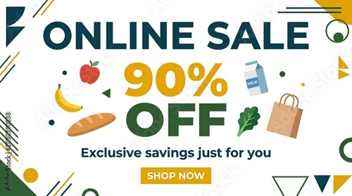 Colorful online sale advertisement with ninety percent discount.