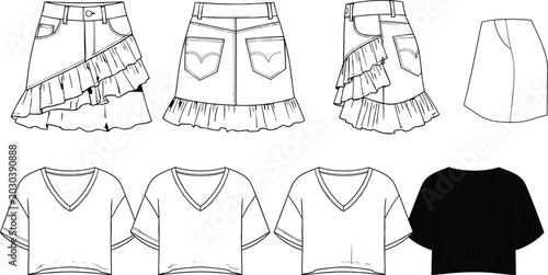 Foto Technical fashion illustration set of v-neck crop top t-shirts and asymmetrical